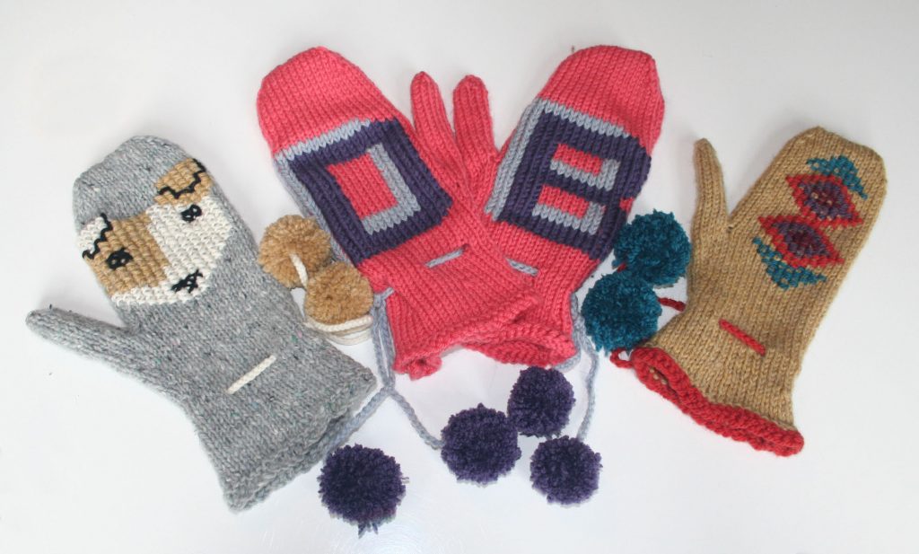From left to right; Smiffy mittens, Initial mittens and Navajo Mittens.